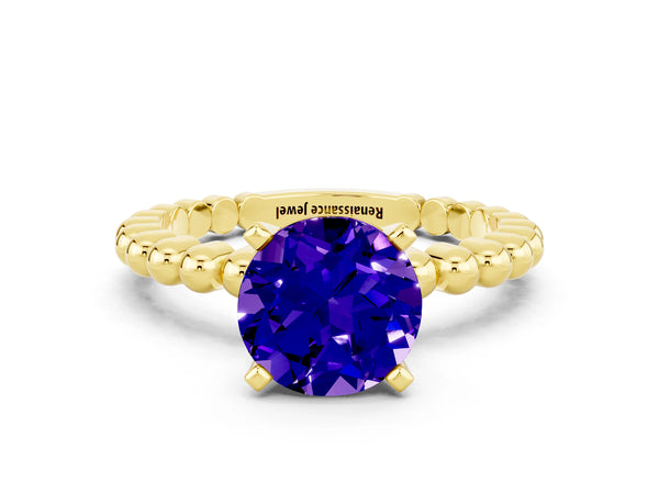 Yellow gold Round Cut Tanzanite Solitaire Ring with Beaded Band and Prong Setting