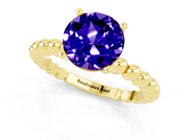 Yellow gold Round Cut Tanzanite Solitaire Ring with Beaded Band and Prong Setting