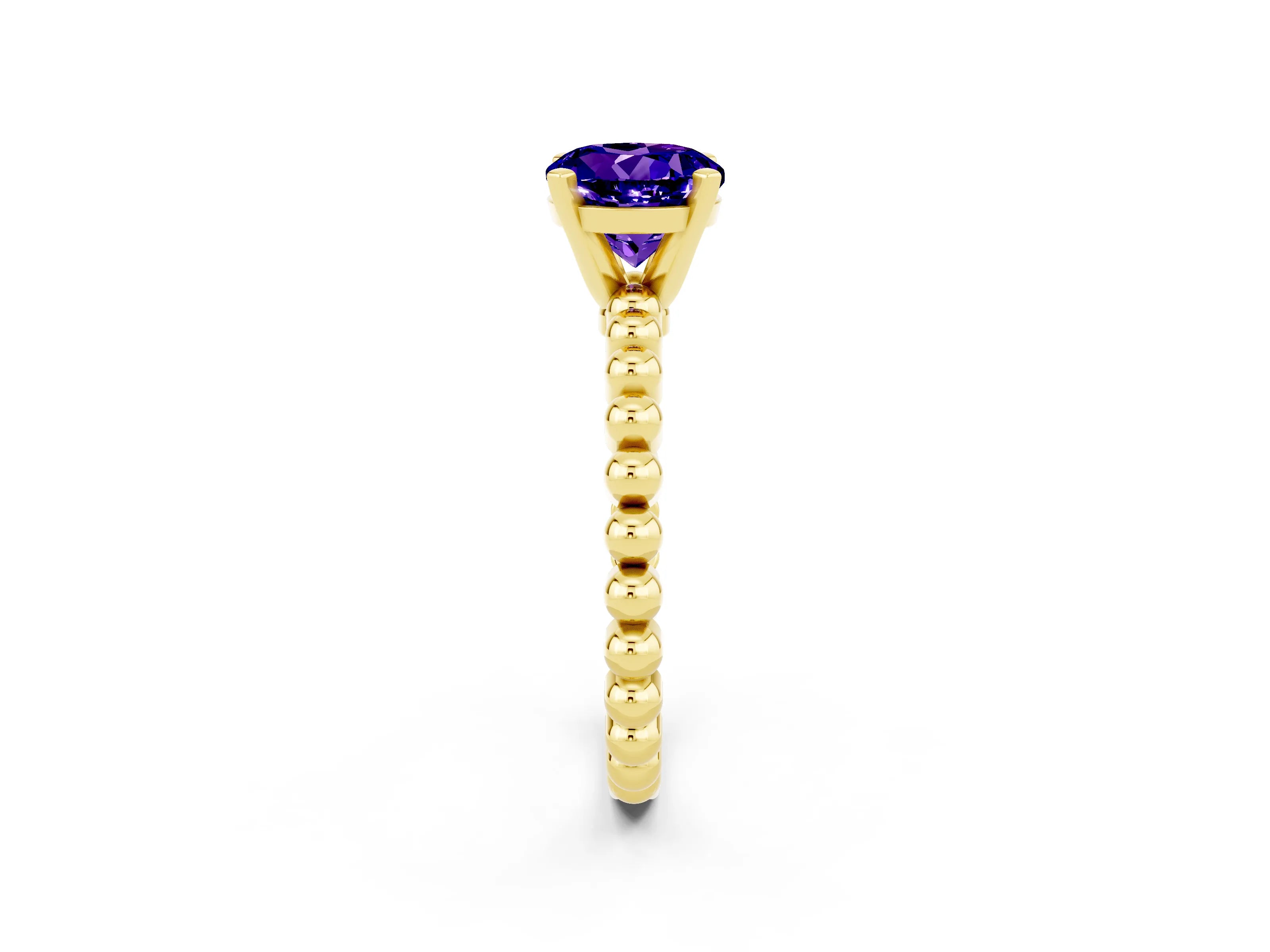 Yellow gold Round Cut Tanzanite Solitaire Ring with Beaded Band and Prong Setting_2