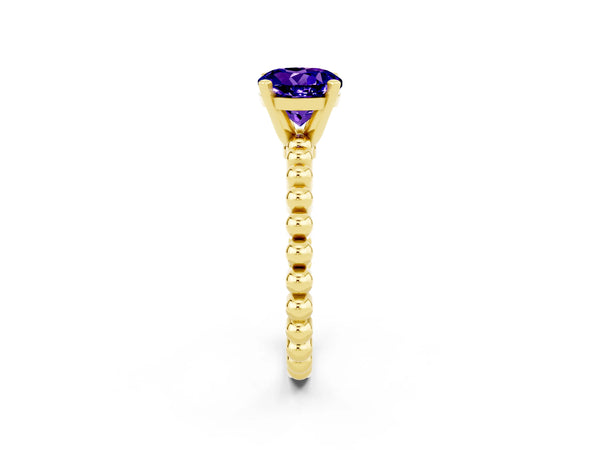 Yellow gold Round Cut Tanzanite Solitaire Ring with Beaded Band and Prong Setting