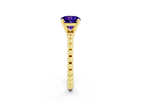 Yellow gold Round Cut Tanzanite Solitaire Ring with Beaded Band and Prong Setting_2
