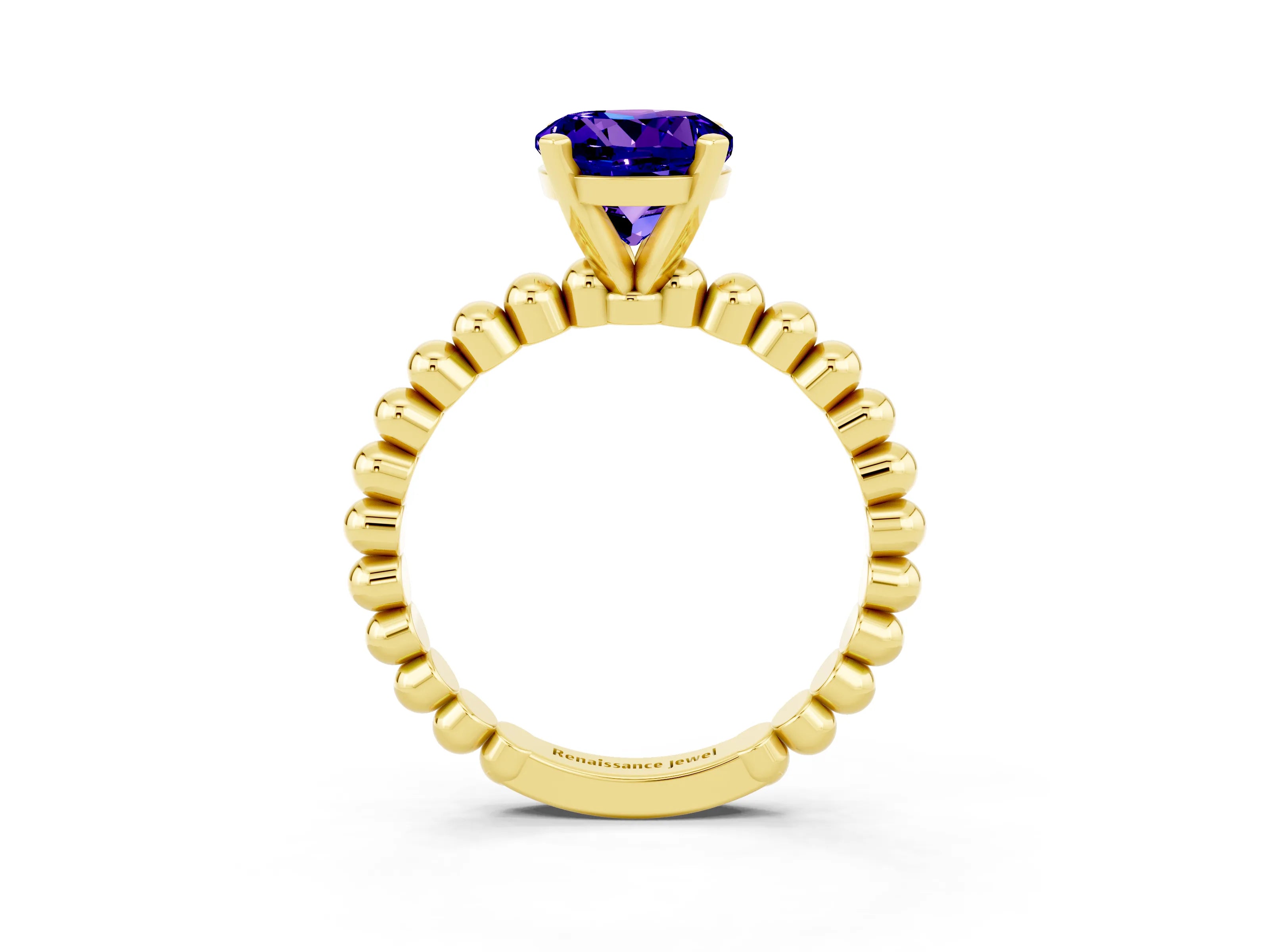 Yellow gold Round Cut Tanzanite Solitaire Ring with Beaded Band and Prong Setting_3