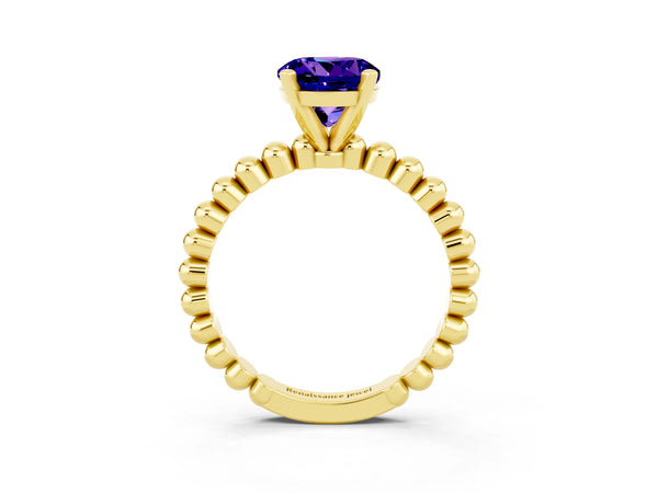 Yellow gold Round Cut Tanzanite Solitaire Ring with Beaded Band and Prong Setting