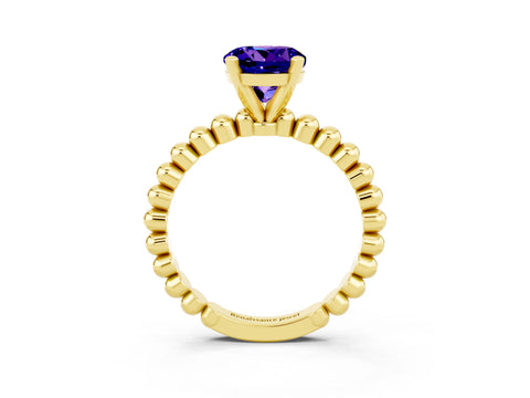 Yellow gold Round Cut Tanzanite Solitaire Ring with Beaded Band and Prong Setting_3