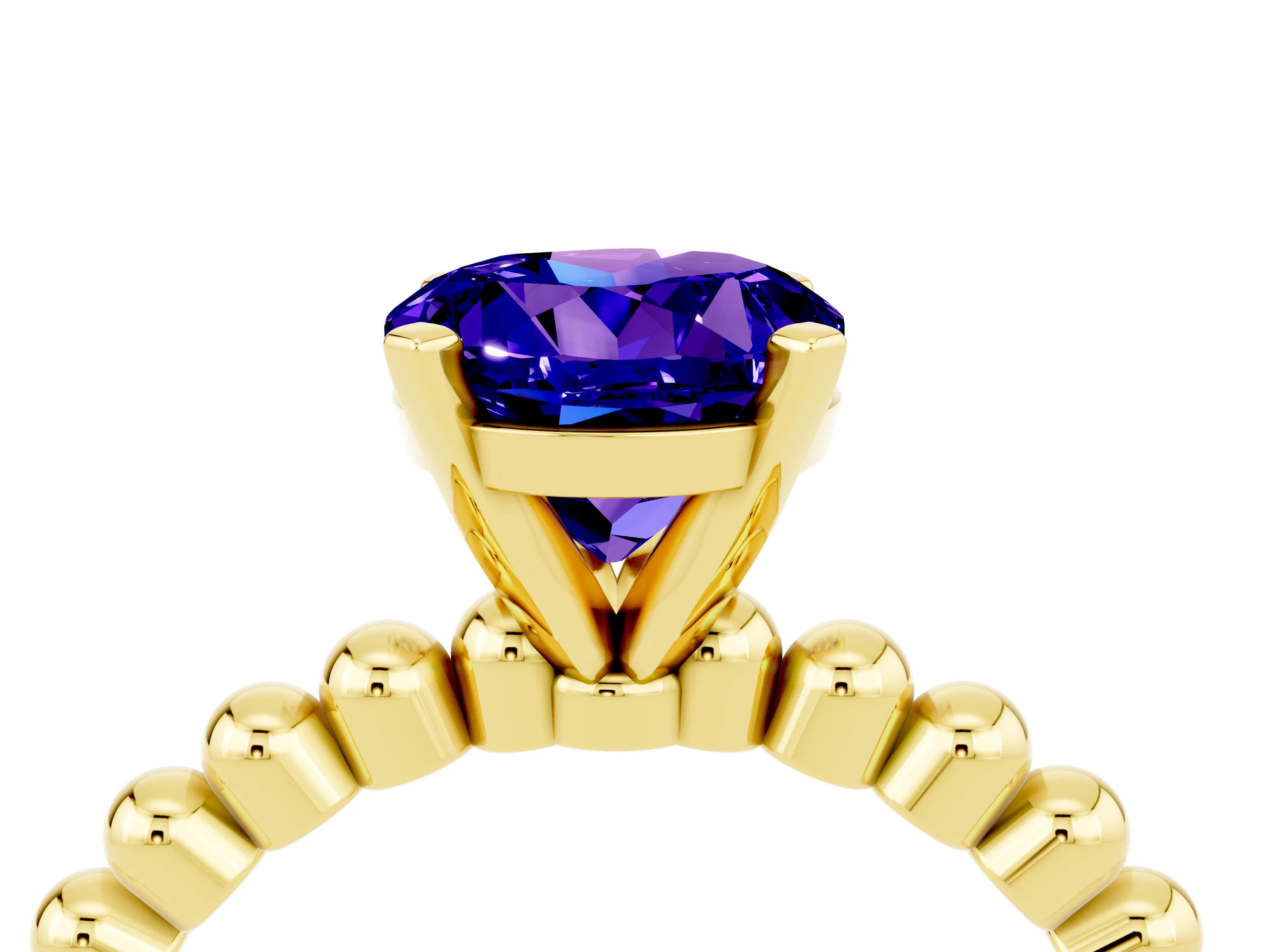 Yellow gold Round Cut Tanzanite Solitaire Ring with Beaded Band and Prong Setting_4