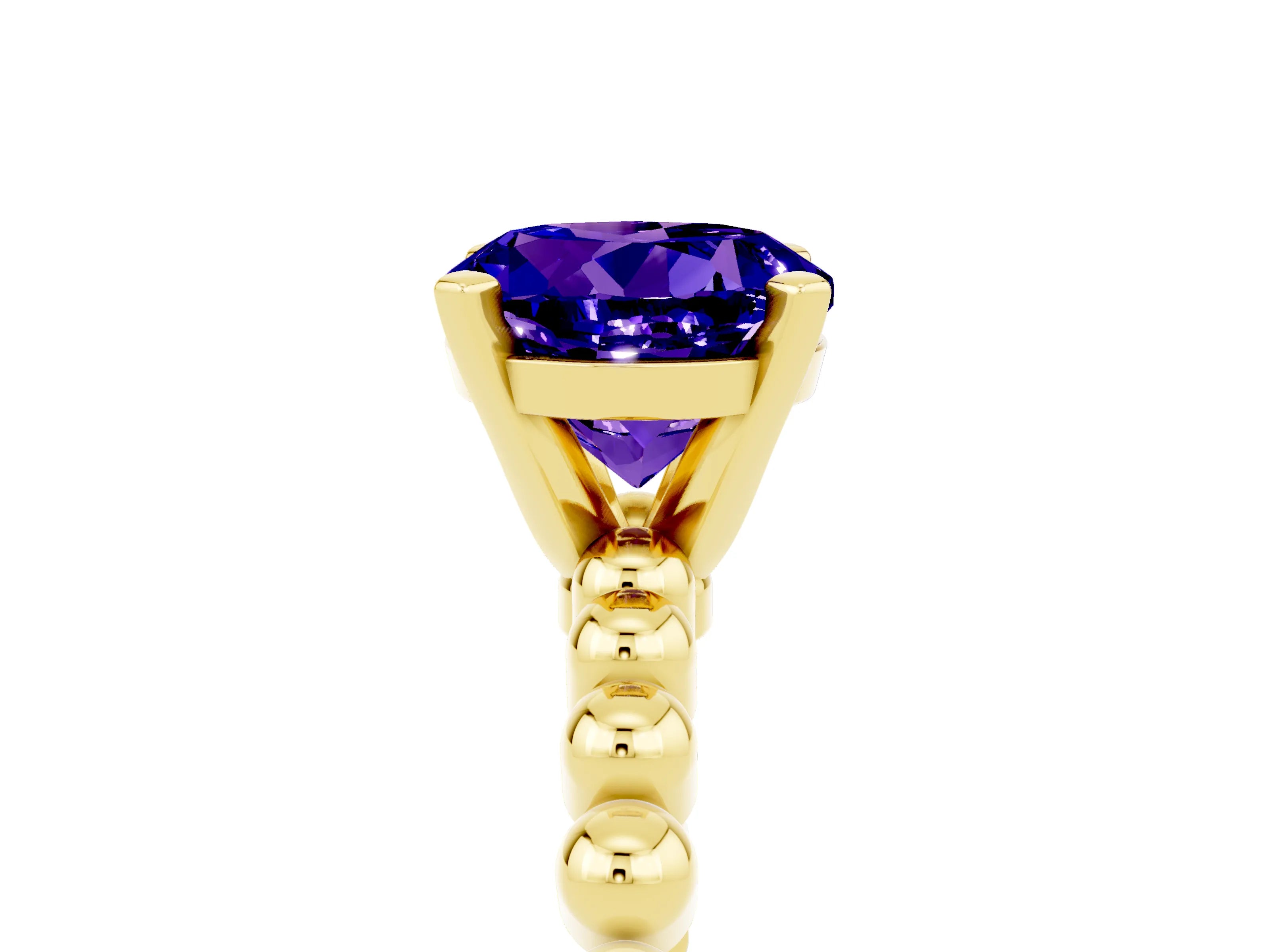 Yellow gold Round Cut Tanzanite Solitaire Ring with Beaded Band and Prong Setting_5