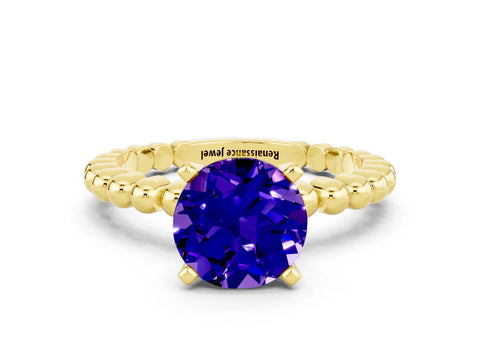 Yellow gold Round Cut Tanzanite Solitaire Ring with Beaded Band and Prong Setting