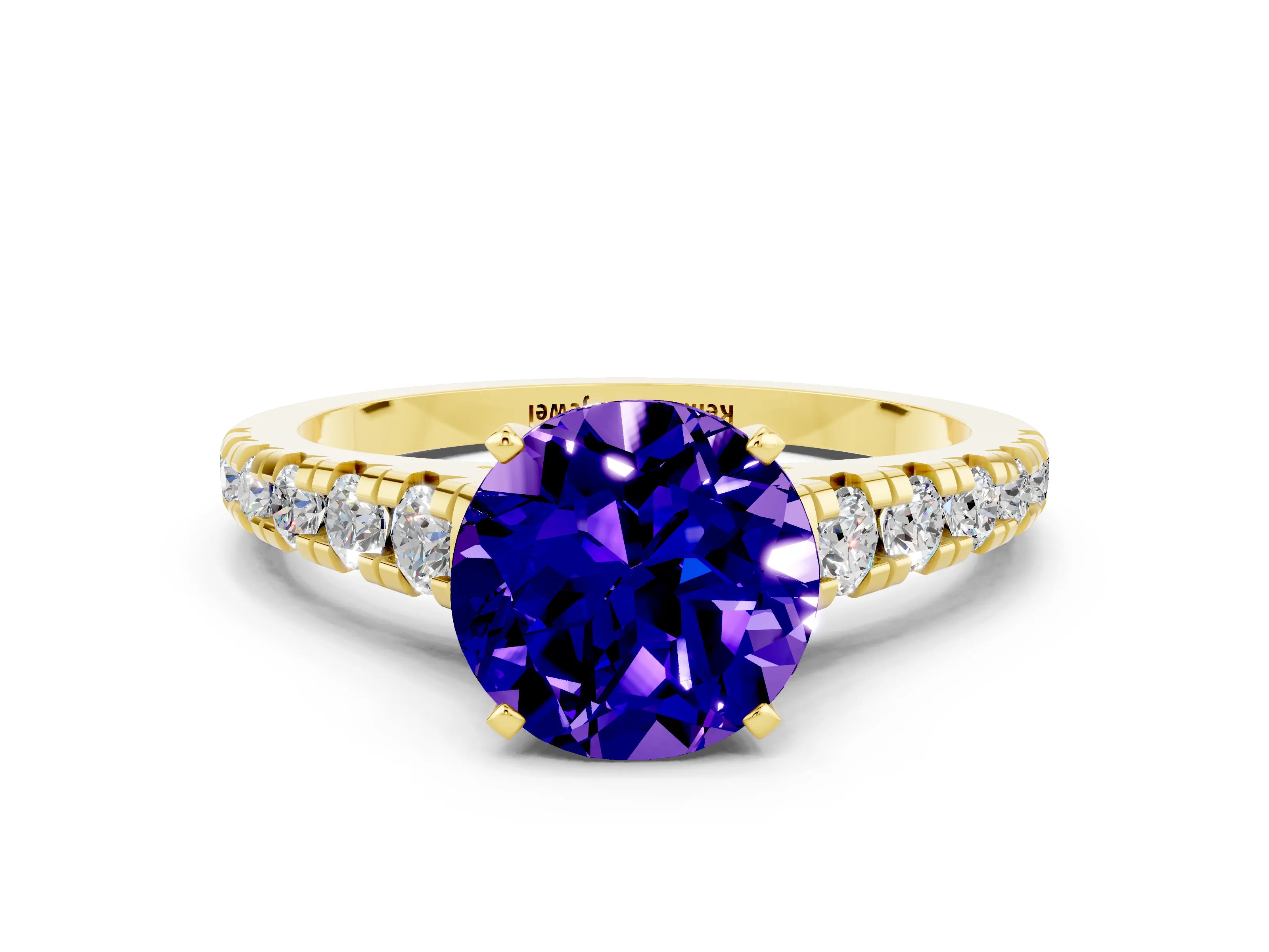 Yellow gold Round Cut Tanzanite Solitaire Ring with Cathedral Setting and Pavé Band