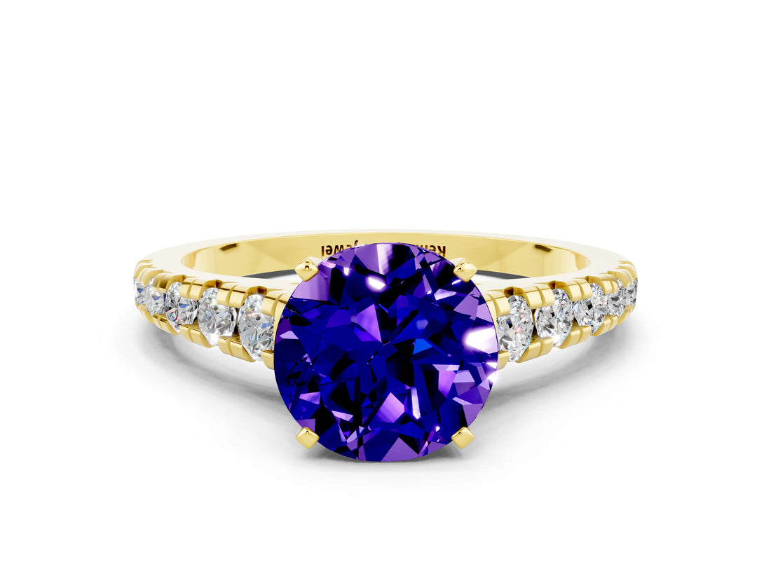 Yellow gold Round Cut Tanzanite Solitaire Ring with Cathedral Setting and Pavé Band