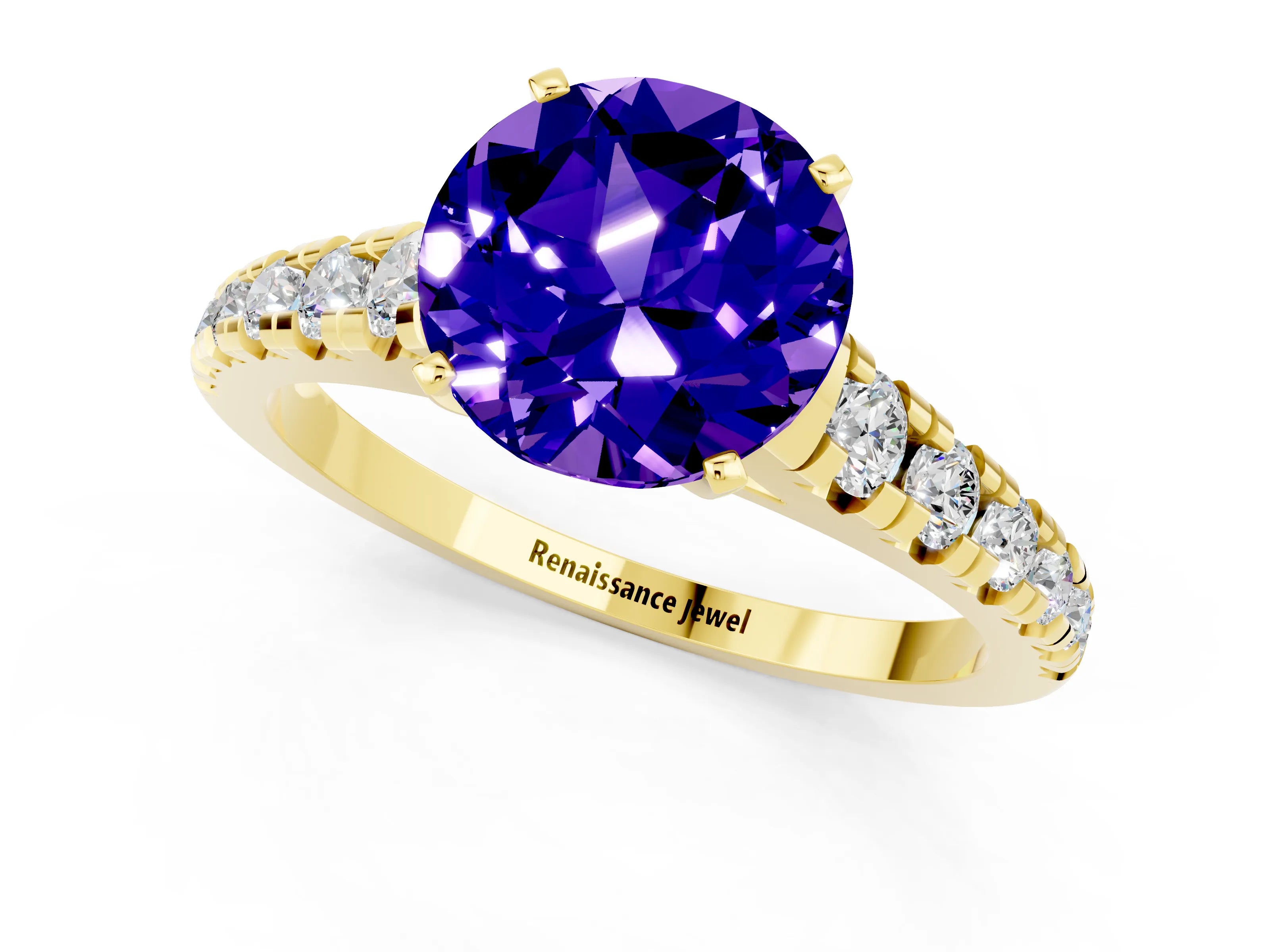 Yellow gold Round Cut Tanzanite Solitaire Ring with Cathedral Setting and Pavé Band_1