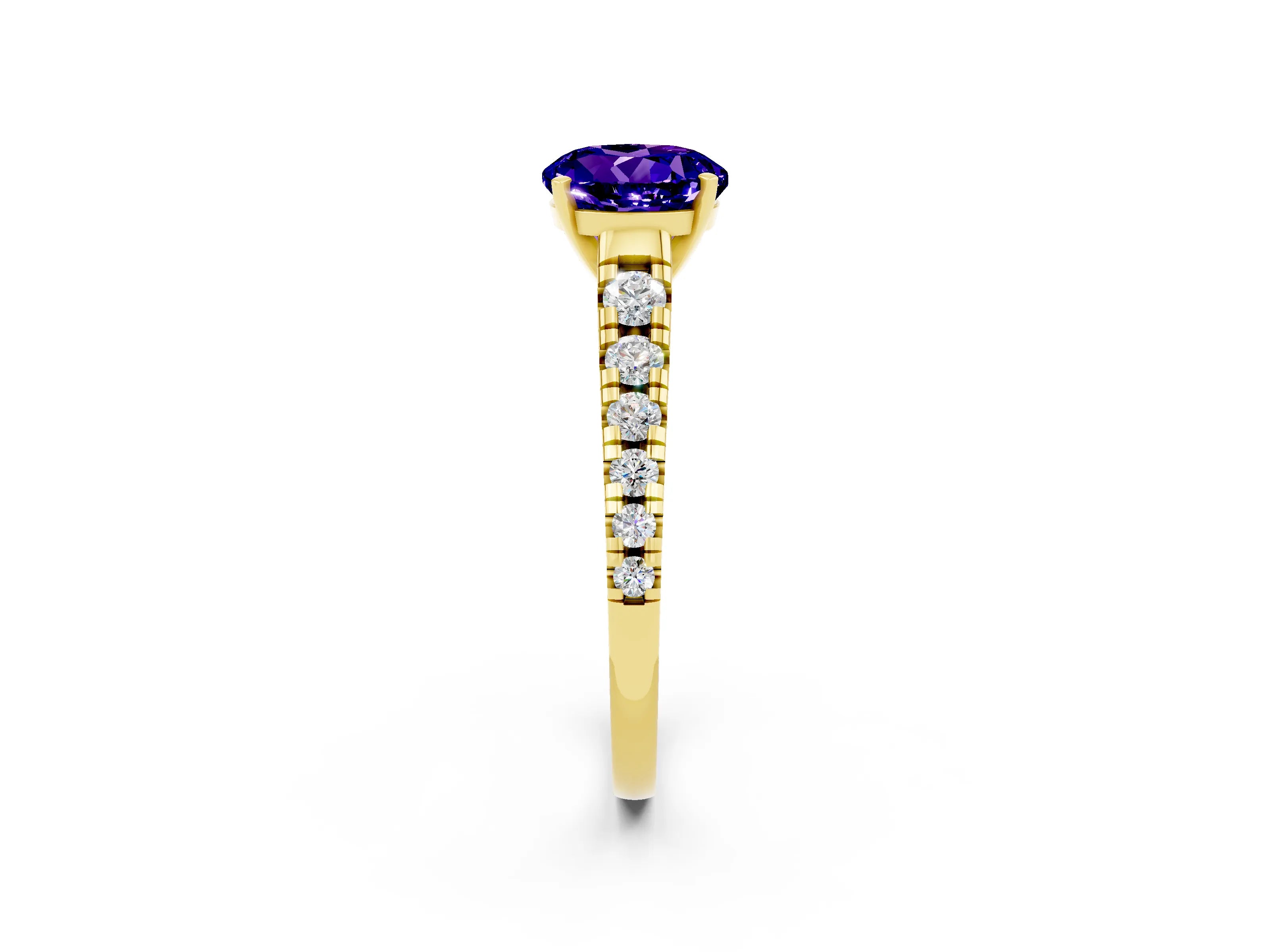 Yellow gold Round Cut Tanzanite Solitaire Ring with Cathedral Setting and Pavé Band_2