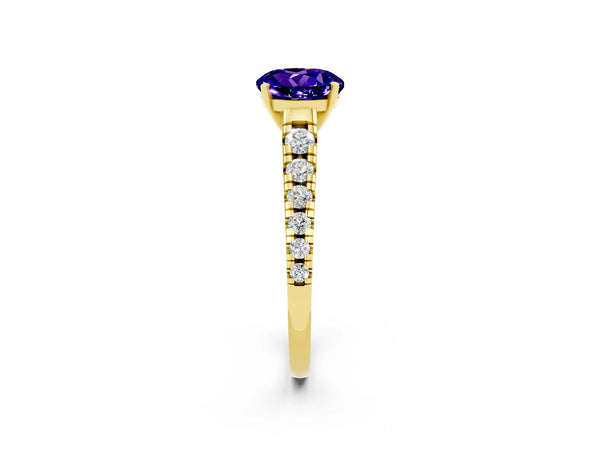 Yellow gold Round Cut Tanzanite Cathedral Solitaire Ring with Round  Pavé Band