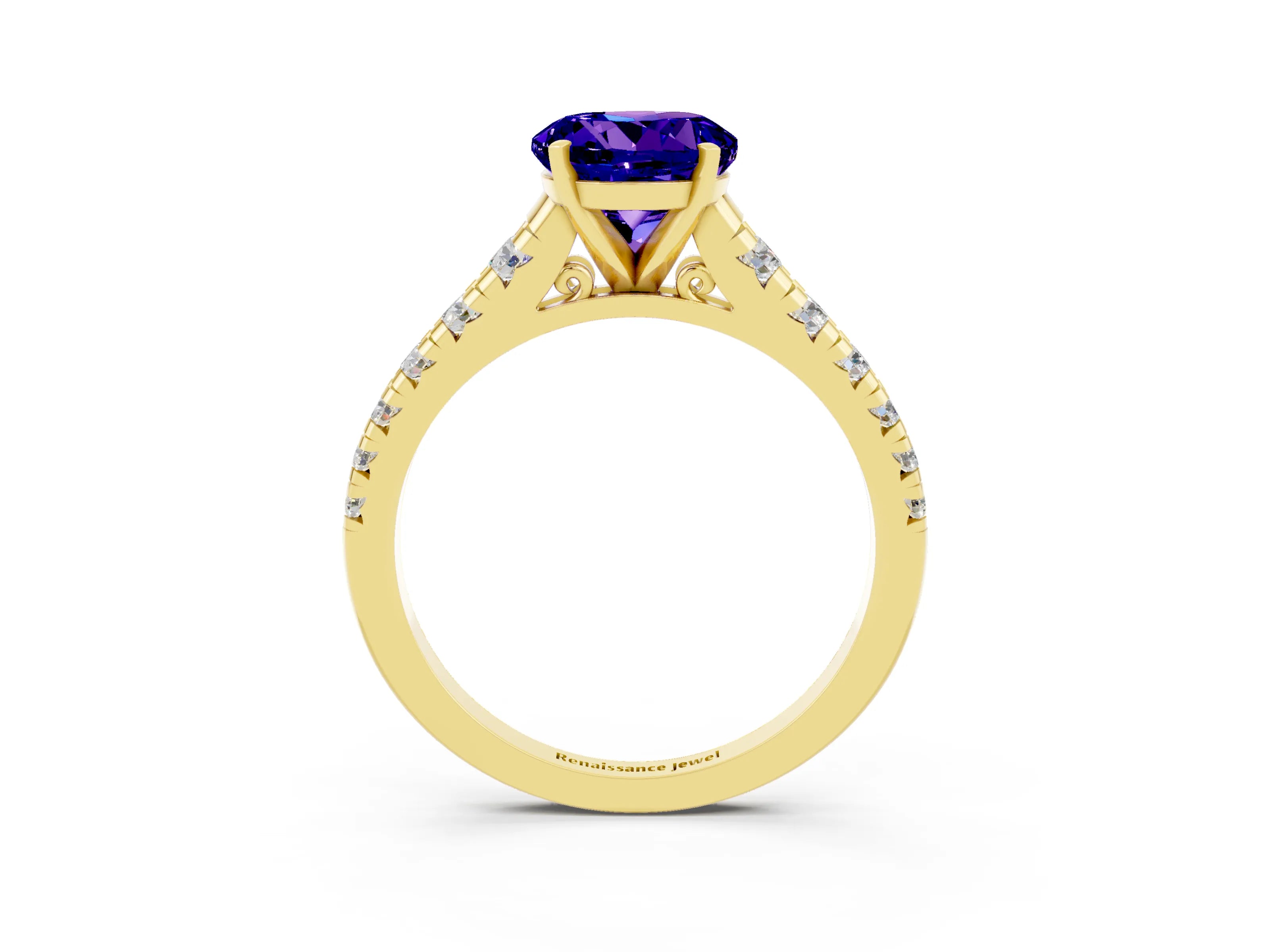 Yellow gold Round Cut Tanzanite Solitaire Ring with Cathedral Setting and Pavé Band_3