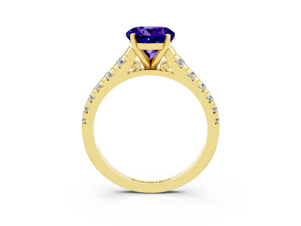 Yellow gold Round Cut Tanzanite Cathedral Solitaire Ring with Round  Pavé Band