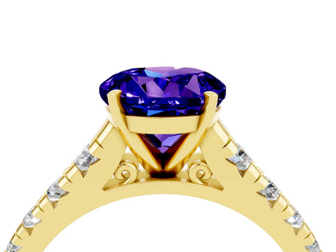 Yellow gold Round Cut Tanzanite Solitaire Ring with Cathedral Setting and Pavé Band_4