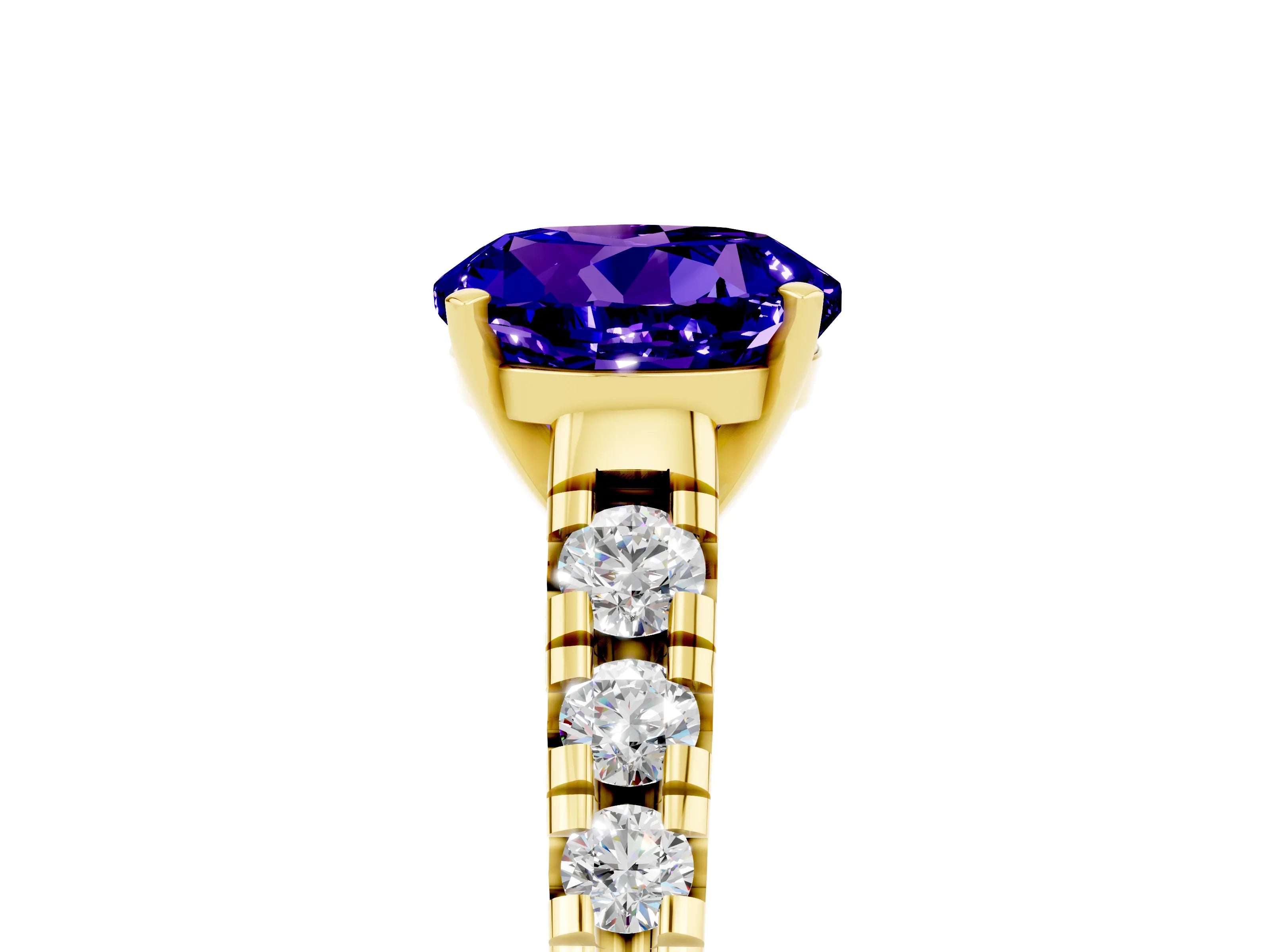 Yellow gold Round Cut Tanzanite Solitaire Ring with Cathedral Setting and Pavé Band_5