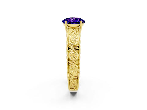 Yellow gold Round Cut Tanzanite Solitaire Ring with Engraved Band and Four-Prong Setting_2