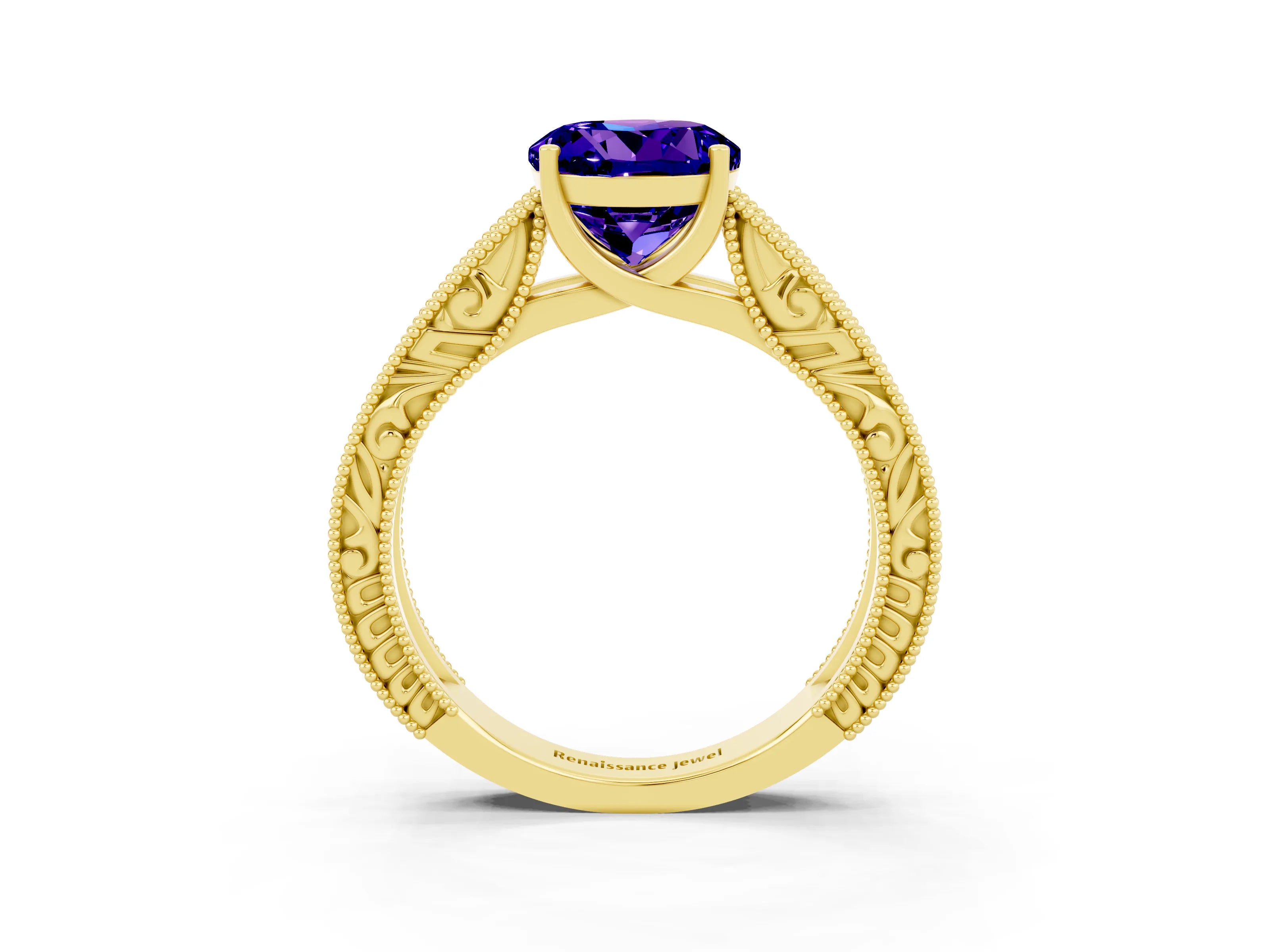 Yellow gold Round Cut Tanzanite Solitaire Ring with Engraved Band and Four-Prong Setting_3