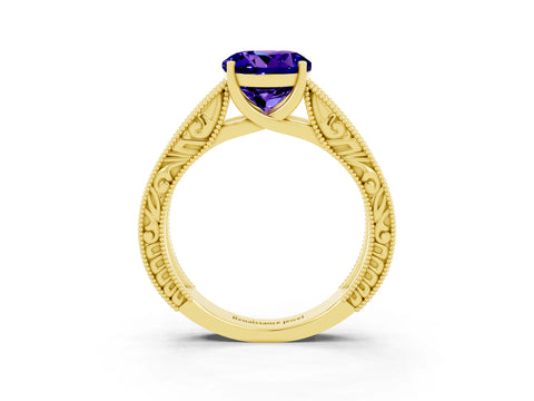 Yellow gold Round Cut Tanzanite Solitaire Ring with Engraved Band and Four-Prong Setting_3