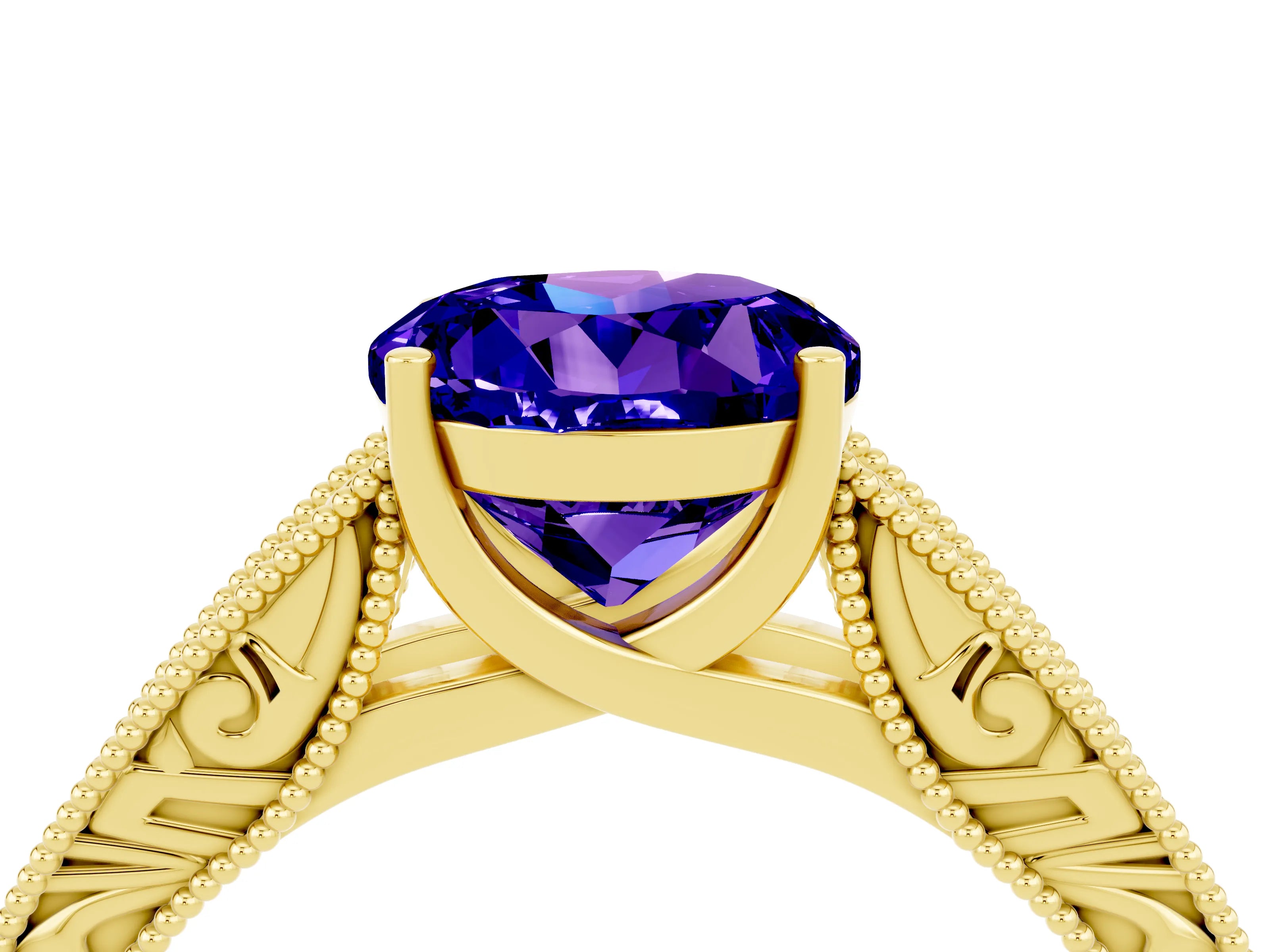 Yellow gold Round Cut Tanzanite Solitaire Ring with Engraved Band and Four-Prong Setting_4