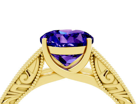 Yellow gold Round Cut Tanzanite Solitaire Ring with Engraved Band and Four-Prong Setting_4