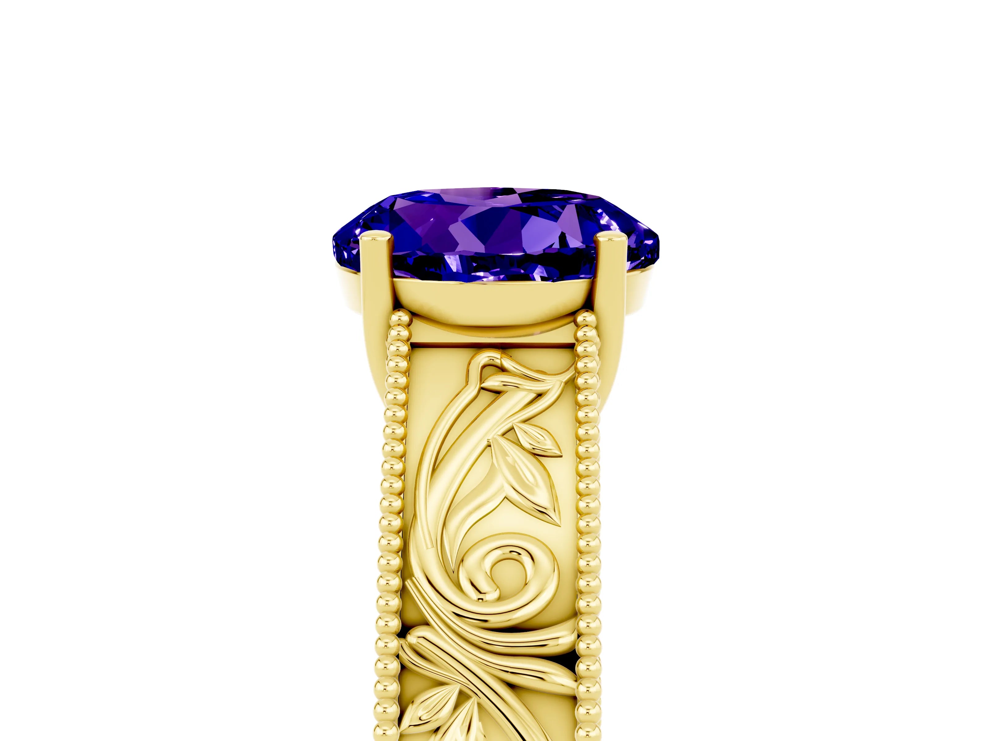 Yellow gold Round Cut Tanzanite Solitaire Ring with Engraved Band and Four-Prong Setting_5