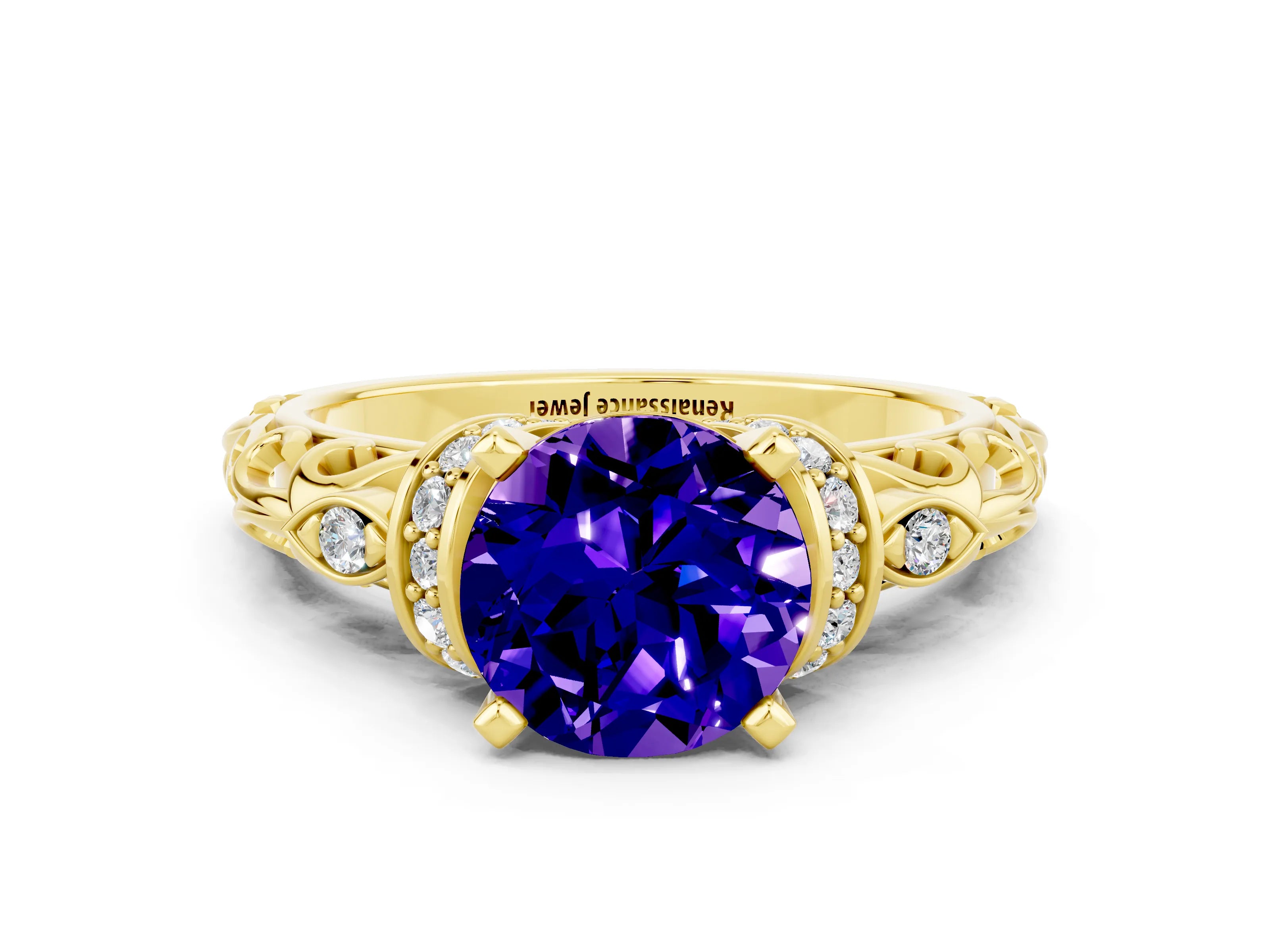 Yellow gold Round Cut Tanzanite Solitaire Ring with Filigree Band and Four-Prong Setting_24