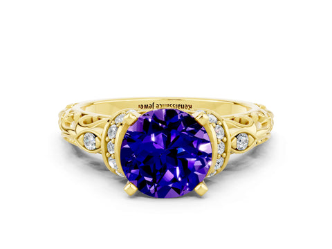Yellow gold Round Cut Tanzanite Solitaire Ring with Filigree Band and Four-Prong Setting_24