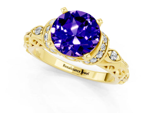 Yellow gold Round Cut Tanzanite Solitaire Ring with Filigree Band and Four-Prong Setting_25