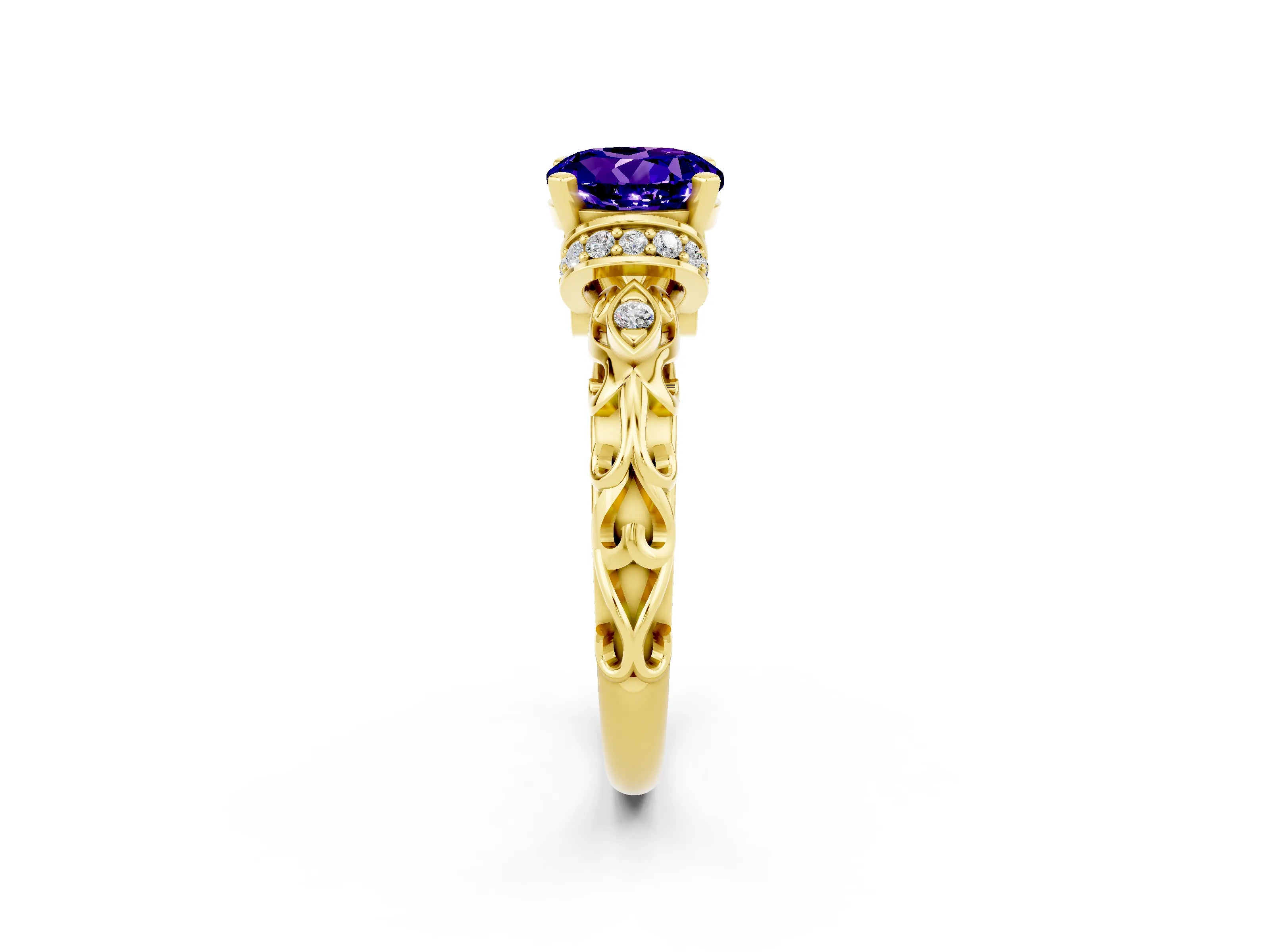 Yellow gold Round Cut Tanzanite Solitaire Ring with Filigree Band and Four-Prong Setting_26