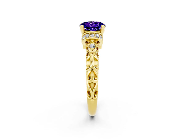 Yellow gold Round Cut Tanzanite Solitaire Ring with Filigree Band and Four-Prong Setting