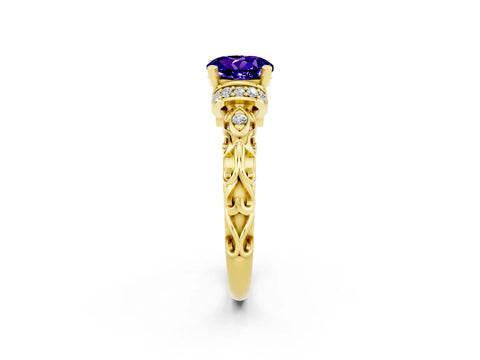 Yellow gold Round Cut Tanzanite Solitaire Ring with Filigree Band and Four-Prong Setting_26