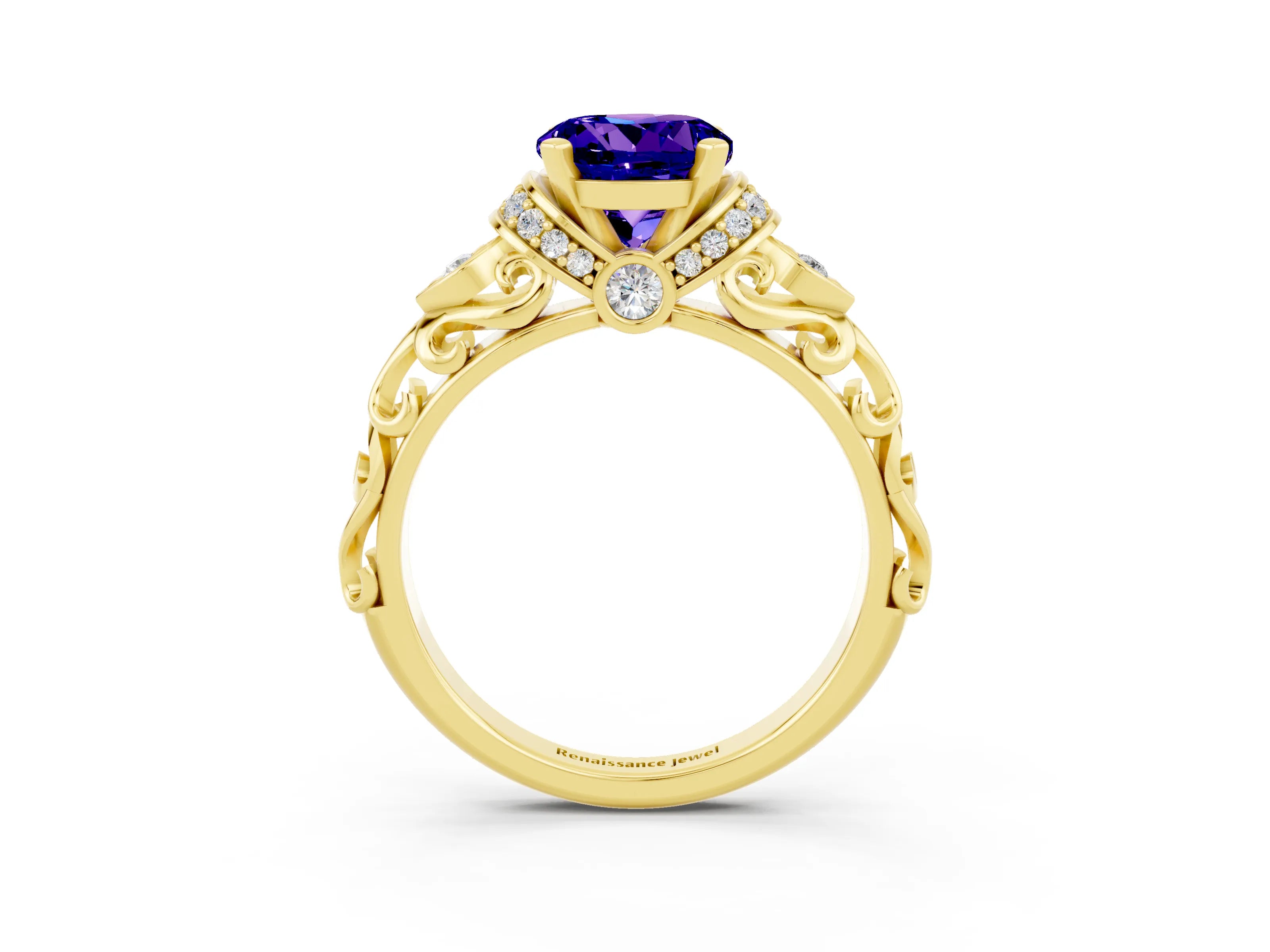Yellow gold Round Cut Tanzanite Solitaire Ring with Filigree Band and Four-Prong Setting_27