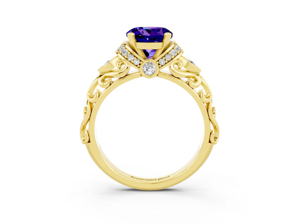 Yellow gold Round Cut Tanzanite Solitaire Ring with Filigree Band and Four-Prong Setting