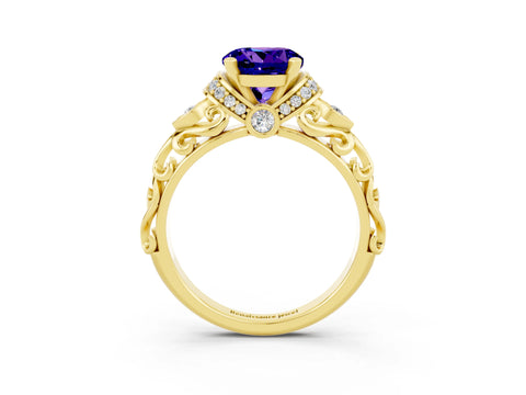 Yellow gold Round Cut Tanzanite Solitaire Ring with Filigree Band and Four-Prong Setting_27