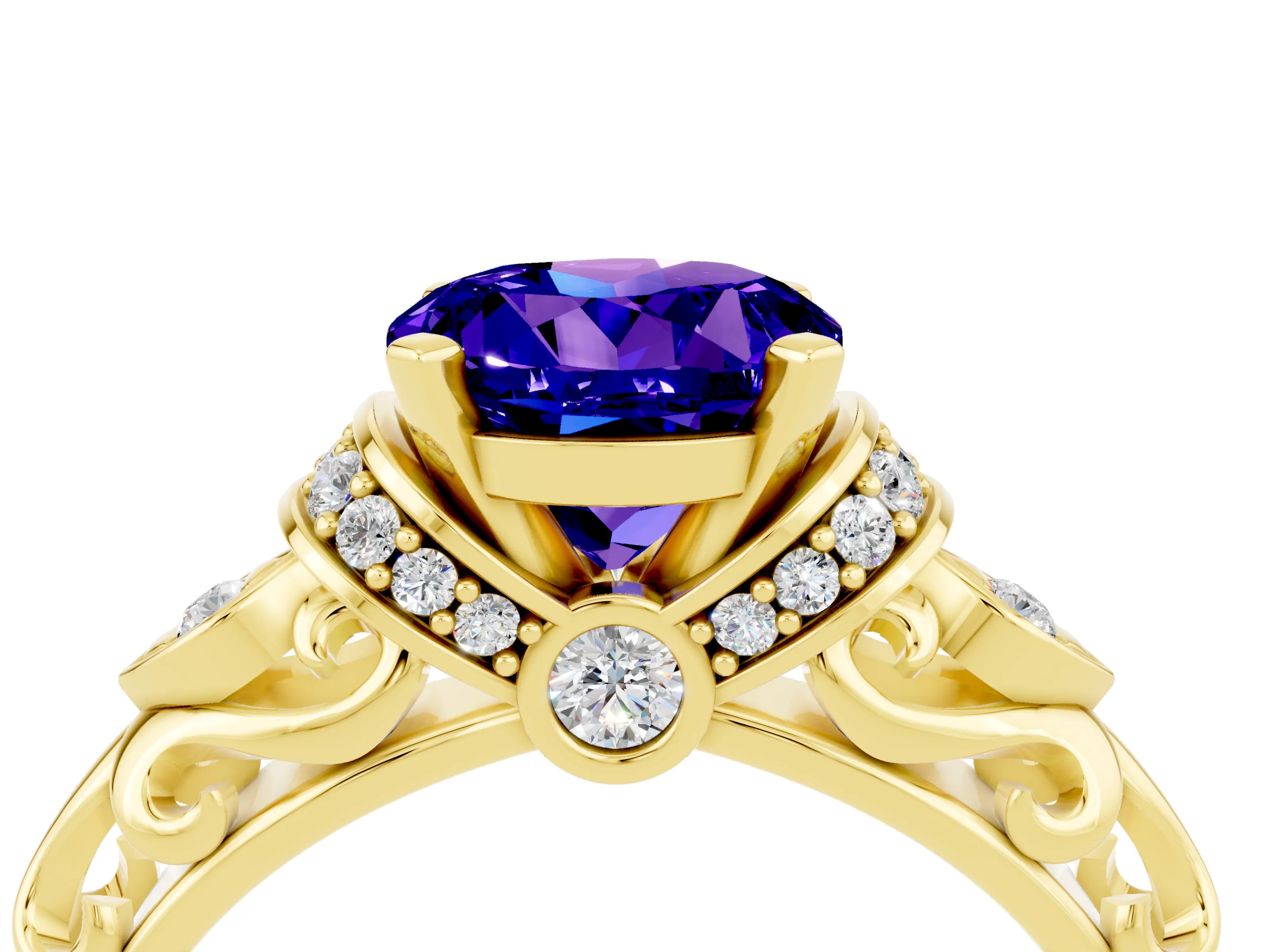 Yellow gold Round Cut Tanzanite Solitaire Ring with Filigree Band and Four-Prong Setting_28
