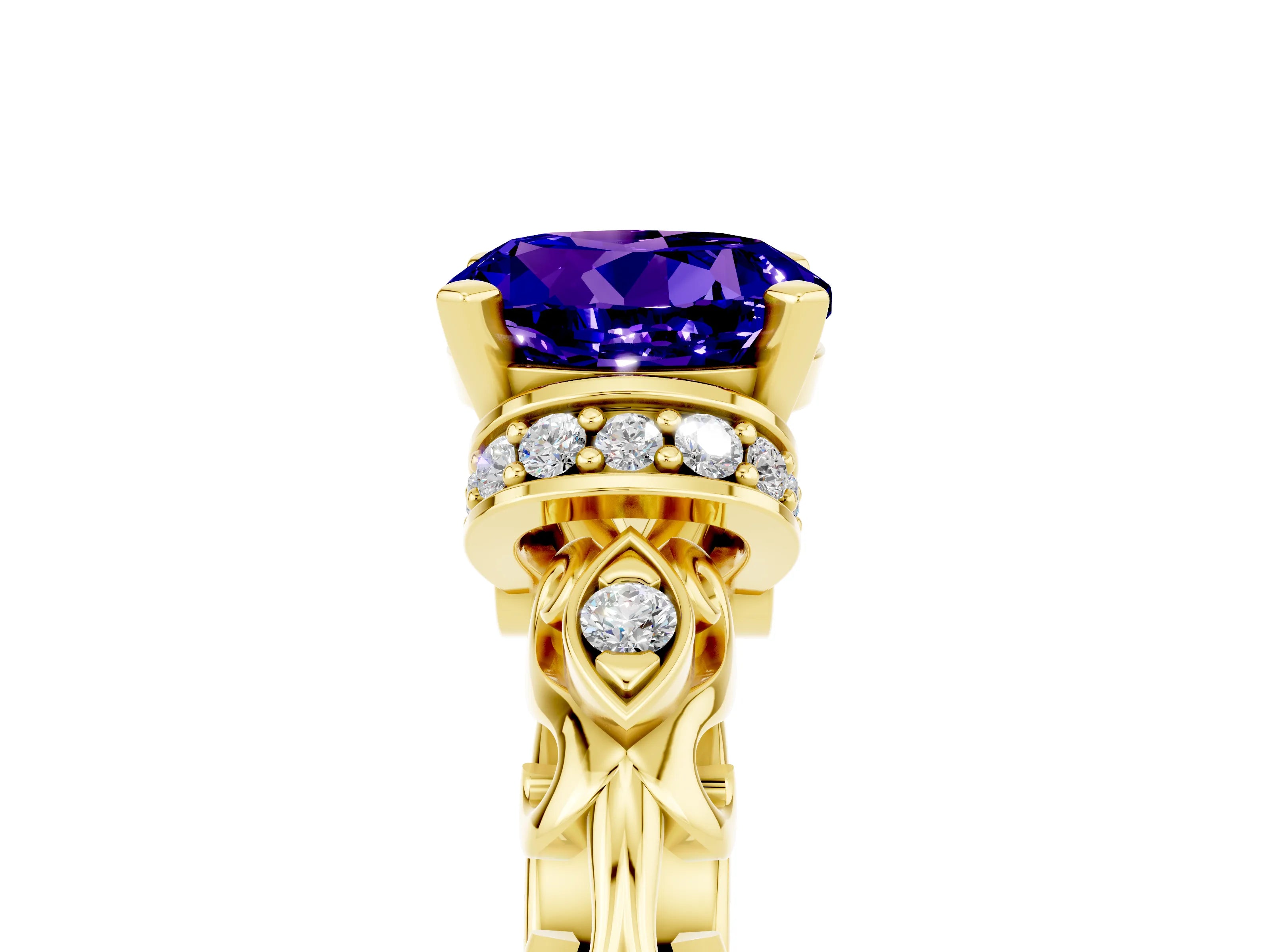 Yellow gold Round Cut Tanzanite Solitaire Ring with Filigree Band and Four-Prong Setting_29
