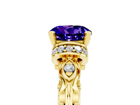 Yellow gold Round Cut Tanzanite Solitaire Ring with Filigree Band and Four-Prong Setting_29