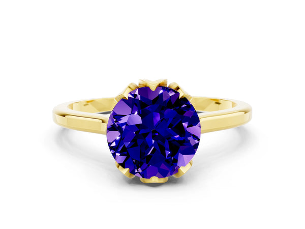 Yellow gold Round Cut Tanzanite Solitaire Ring with Flower Prong Setting and Classic Band