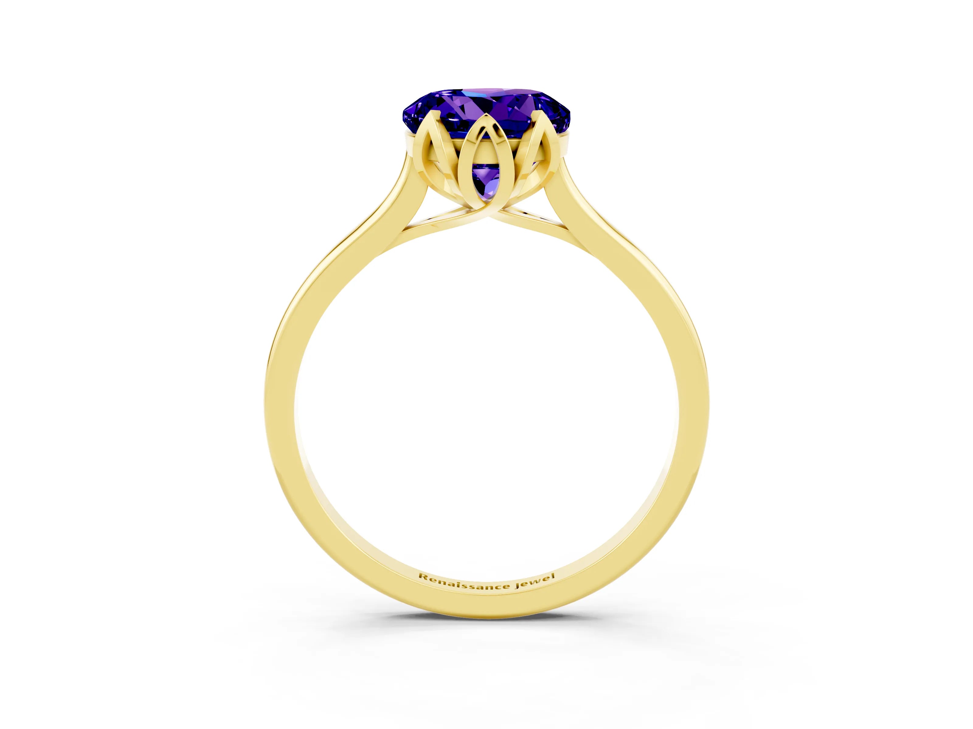 Yellow gold Round Cut Tanzanite Solitaire Ring with Flower Prong Setting and Classic Band_15