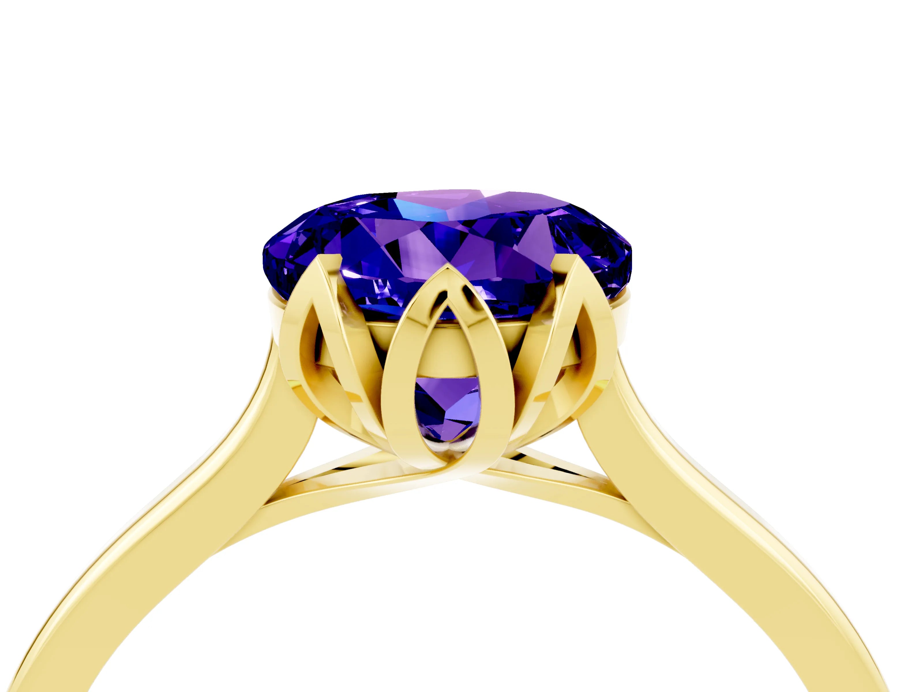 Yellow gold Round Cut Tanzanite Solitaire Ring with Flower Prong Setting and Classic Band_16