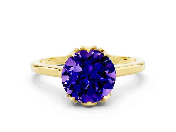 Yellow gold Round Cut Tanzanite Solitaire Ring with Flower Prong Setting and Classic Band