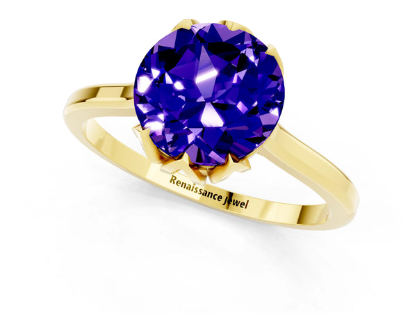 Yellow gold Round Cut Tanzanite Solitaire Ring with Flower Prong Setting and Classic Band