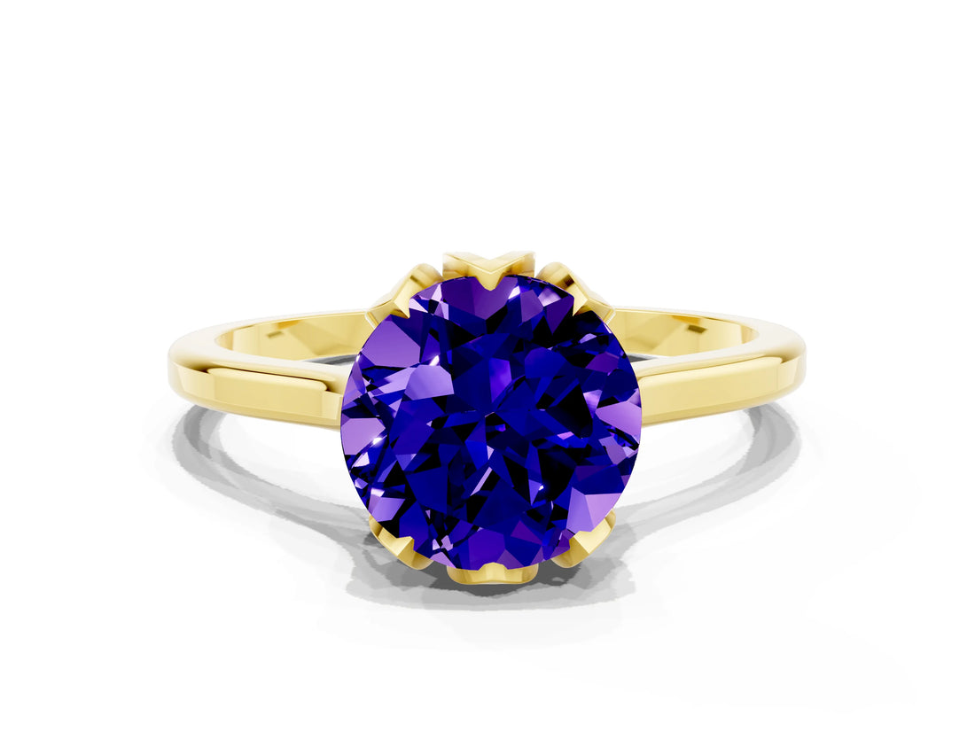 Yellow gold Round Cut Tanzanite Solitaire Ring with Flower Prong Setting and Classic Band_36