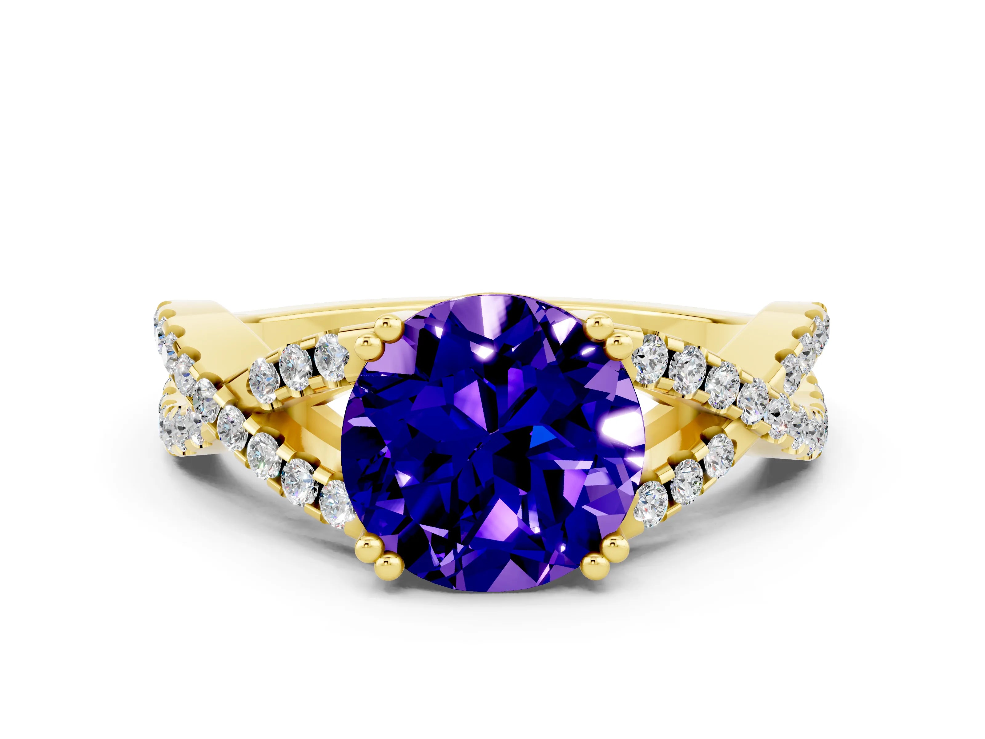 Yellow gold Round Cut Tanzanite Solitaire Ring with Four-Prong Setting and Twisted Pavé Band