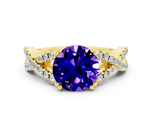 Yellow gold Round Cut Tanzanite Solitaire Ring with Four-Prong Setting and Twisted Pavé Band
