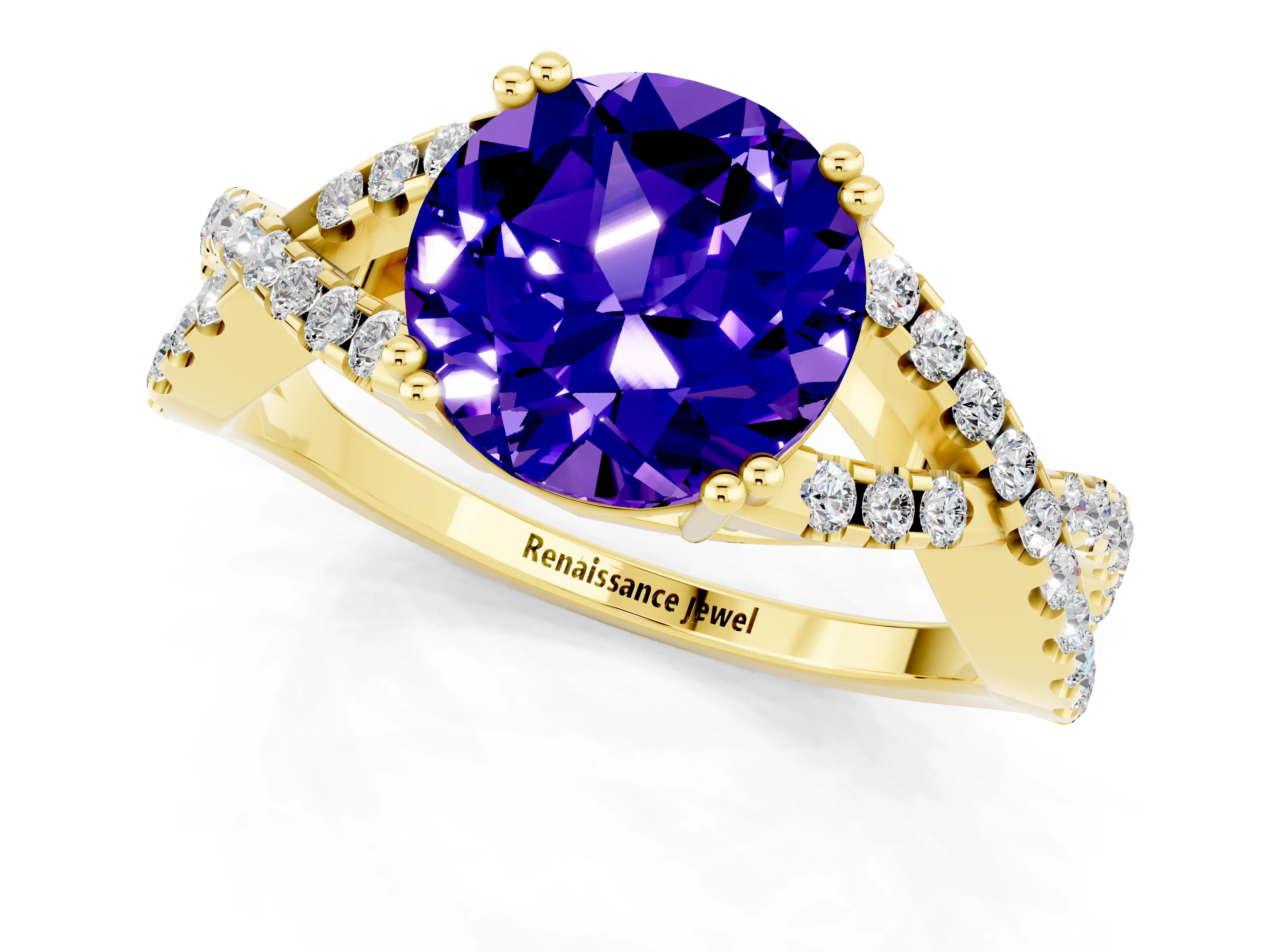 Yellow gold Round Cut Tanzanite Solitaire Ring with Four-Prong Setting and Twisted Pavé Band_1