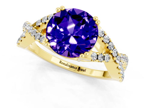 Yellow gold Round Cut Tanzanite Solitaire Ring with Four-Prong Setting and Twisted Pavé Band_1