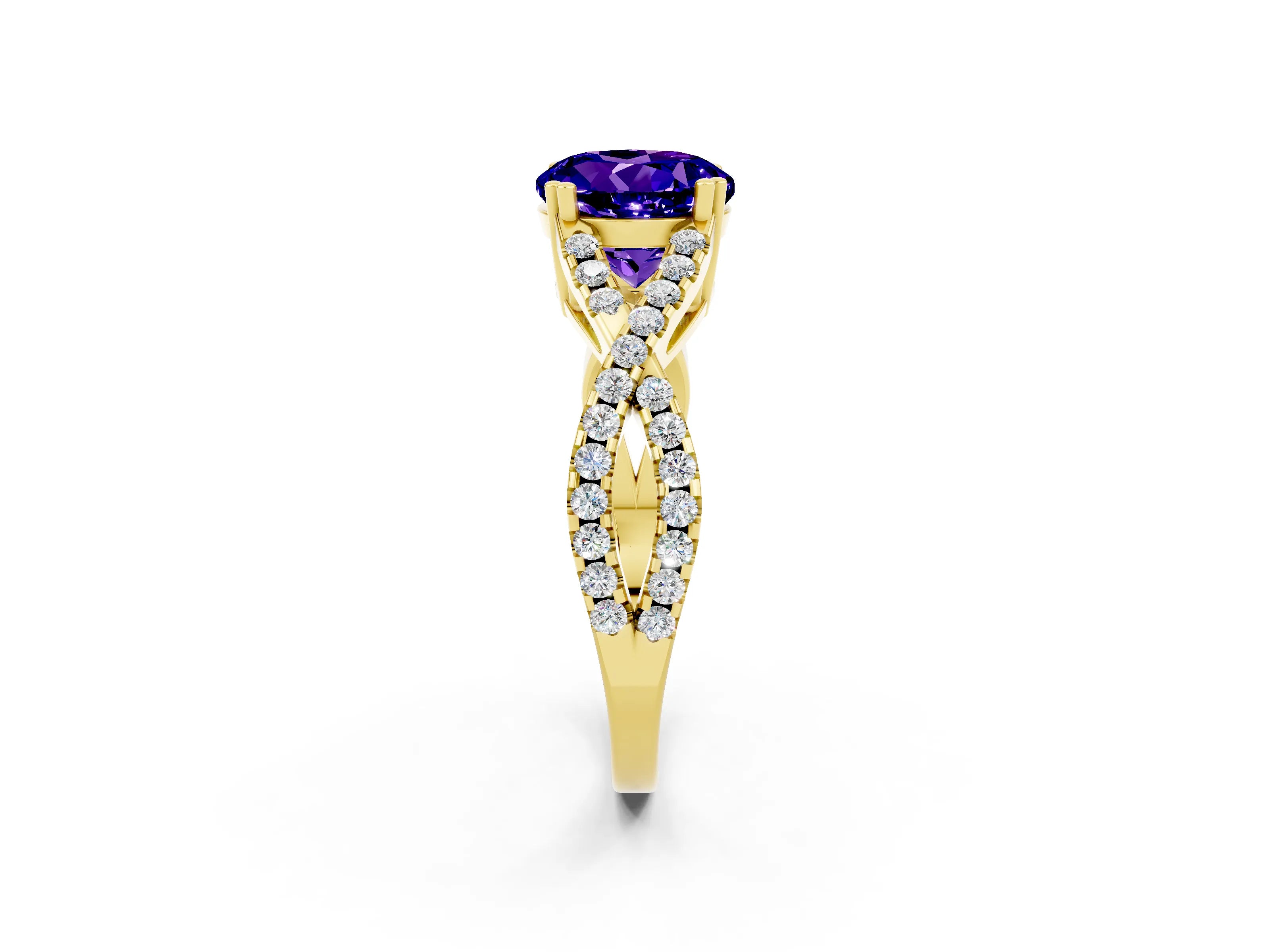Yellow gold Round Cut Tanzanite Solitaire Ring with Four-Prong Setting and Twisted Pavé Band_2