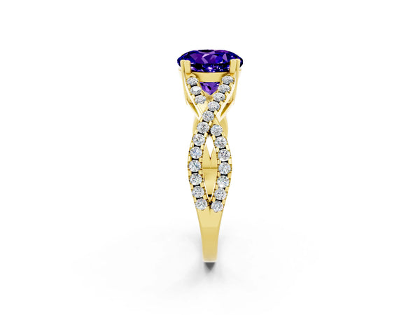 Yellow gold Round Cut Tanzanite Solitaire Ring with Four-Prong Setting and Twisted Pavé Band